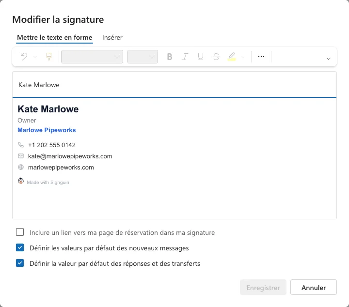 Fenêtre de modification de signature d'Outlook avec une signature collée et les options par défaut