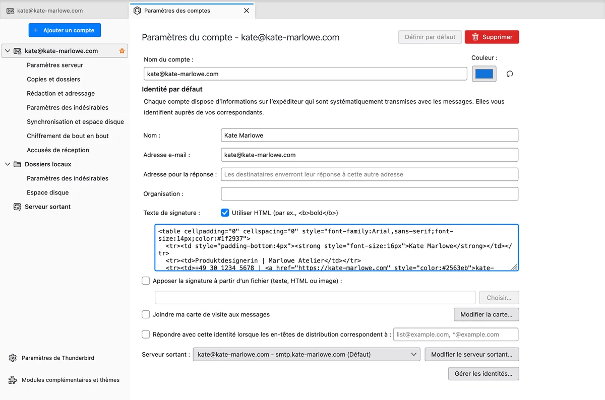 Thunderbird, Paramètres des comptes avec le compte sélectionné, le champ Texte de signature et la case Utiliser HTML en surbrillance
