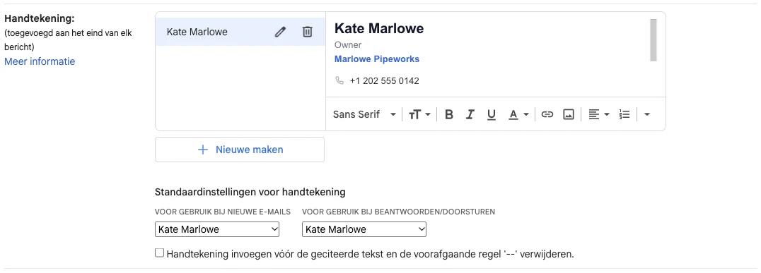 Gmail-instellingen met een geplakte handtekening en de standaardinstellingen voor handtekening